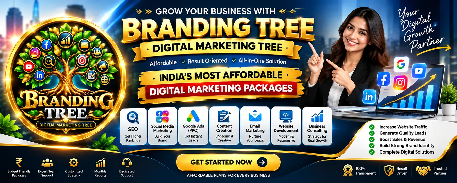 Branding Tree banner: India's most affordable digital marketing packages covering SEO, social media, Google Ads, content, email, website development and business consulting.