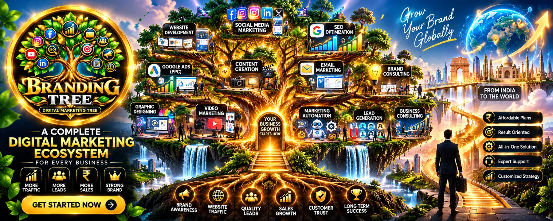 Branding Tree banner showing a complete digital marketing ecosystem: website, social media, SEO, Google Ads, content, email, branding, video, automation and lead generation.