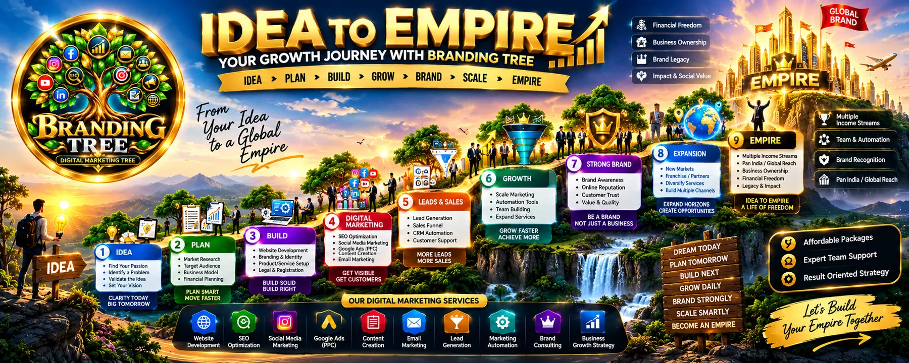Idea to Empire growth journey banner with nine stages: idea, plan, build, digital marketing, leads and sales, growth, strong brand, expansion and empire.