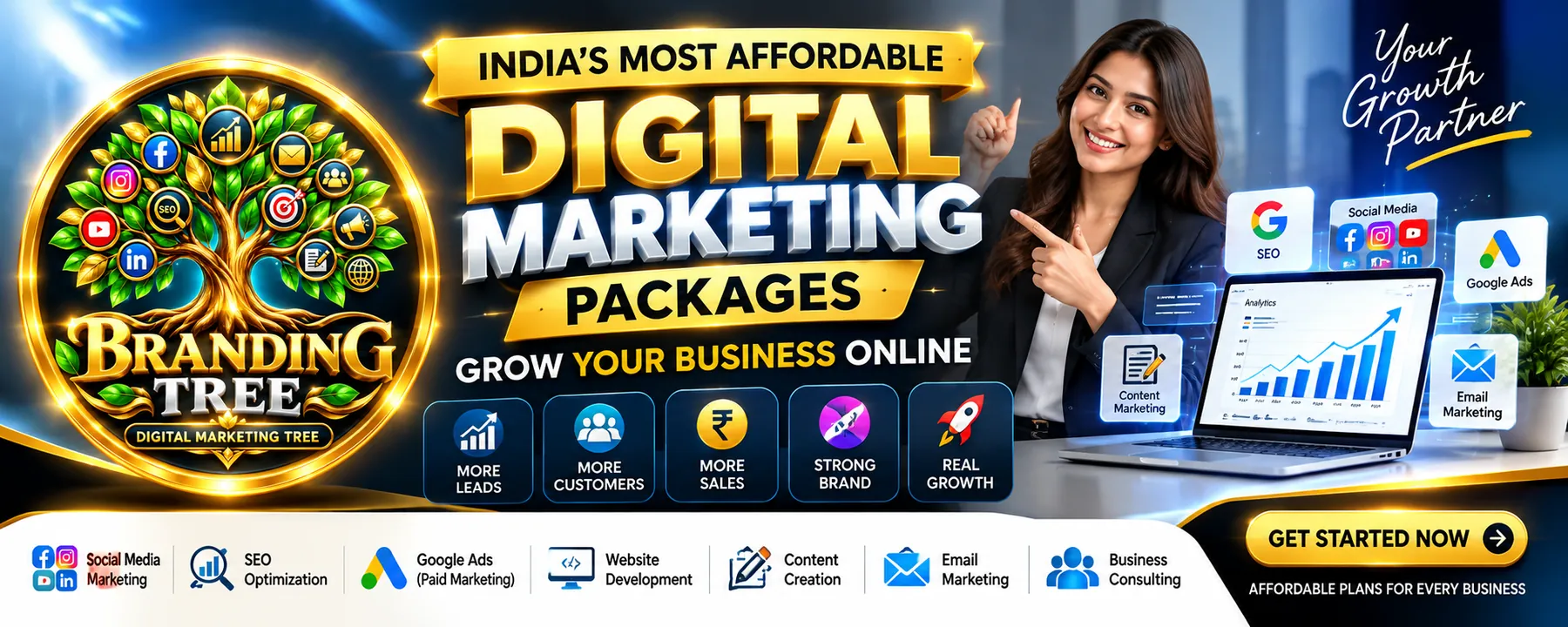Banner for India's most affordable digital marketing packages with social media, SEO, Google Ads, website development, content, email and business consulting.