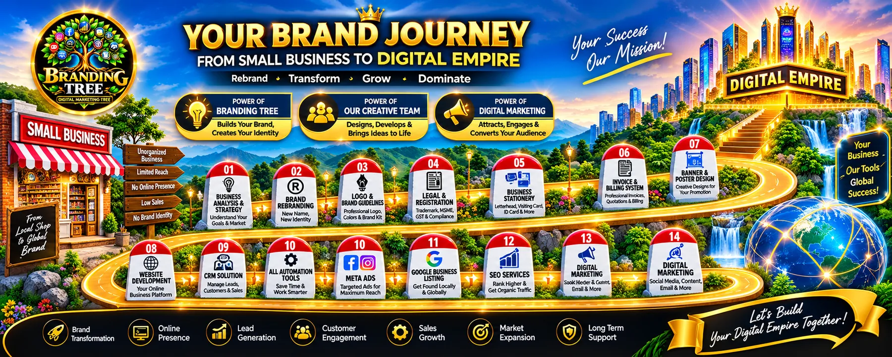 Your Brand Journey banner with 14 milestones taking a small business to a digital empire, from business analysis and branding to website, CRM, ads, SEO and digital marketing.