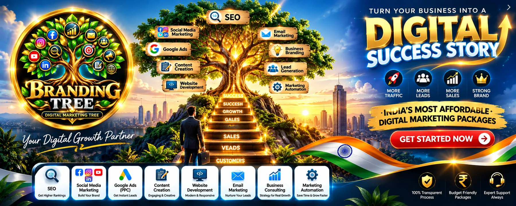 Banner inviting businesses to become a digital success story with SEO, social media, Google Ads, content, website development, email, consulting and automation.