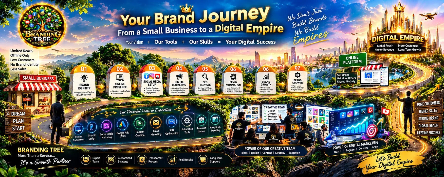 Your Brand Journey banner: from a small business to a digital empire with brand identity, online presence, social media, digital marketing, SEO, CRM and growth.